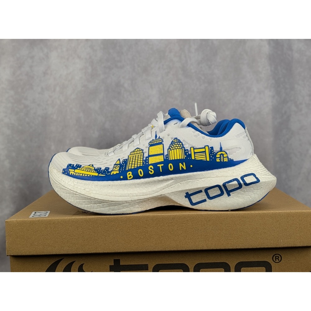 Topo Athletic Specter 2 Boston Edition Running Shoes White Blue Yellow Women 6.5